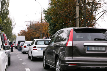 Heavy traffic jam on city street at rush hour