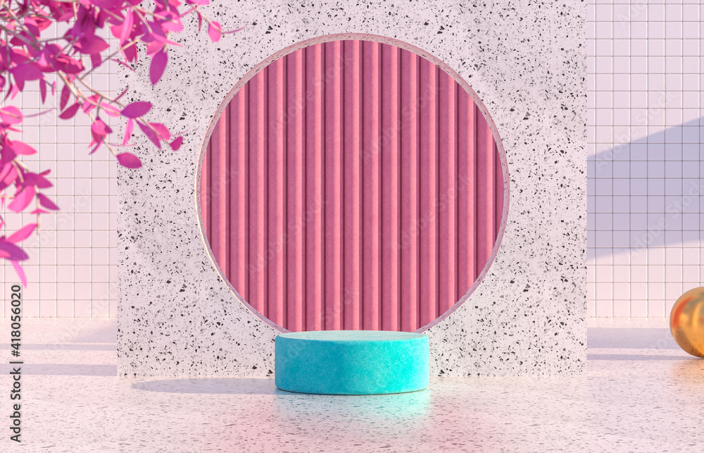 Poster beauty fashion podium backdrop with geometric shape and spring flower. terrazzo texture. 3d renderin
