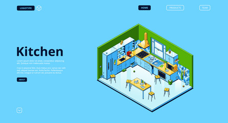 Home kitchen isometric landing page, empty interior with appliances for cooking and furniture, served table, oven, range hood, refrigerator and utensil. Cozy dining room. 3d vector line art web banner