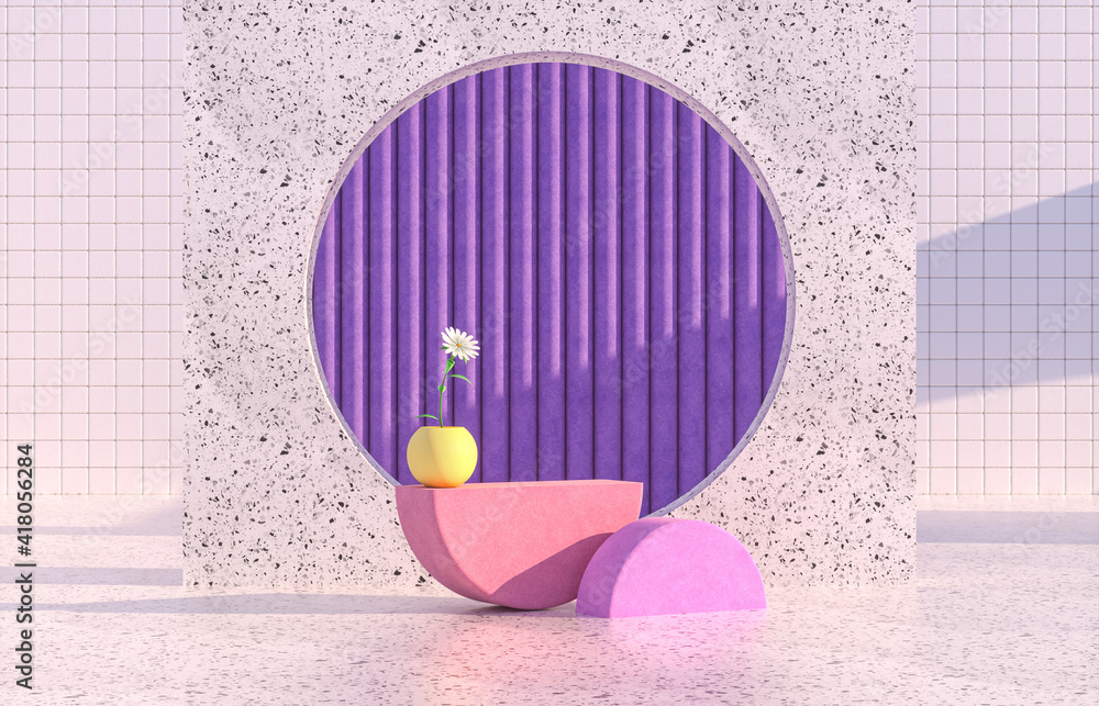 Poster beauty fashion podium backdrop with geometric shape and spring flower. terrazzo texture. 3d renderin