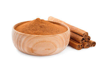 Aromatic cinnamon sticks and bowl with powder on white background
