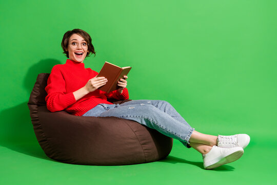 Full size profile photo of impressed nice brunette hairdo lady lie on bag read wear sweater isolated on green color background