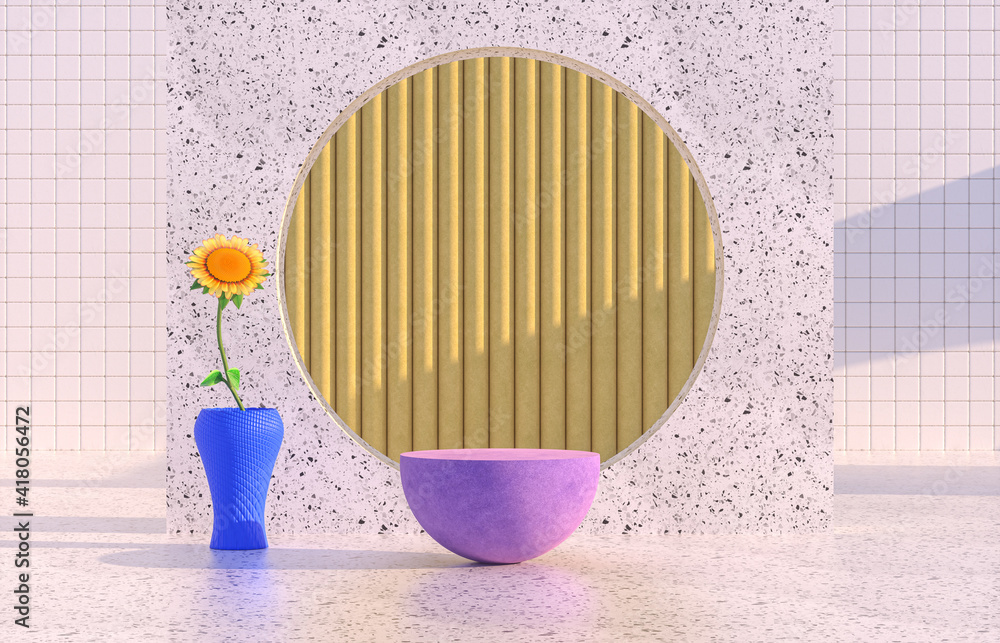 Poster beauty fashion podium backdrop with geometric shape and spring flower. terrazzo texture. 3d renderin