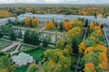 Aerial view of the Catherine Park with a large pond in Tsarskoe Selo. The city of Pushkin....