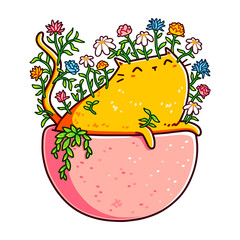 Kawaii cute blooming kitty cat, funny orange kitten in a pink flowerpot overgrown with flowers. Chibi art style. Design for stickers, t-shirts, posters, greeting cards. Isolated on white background.