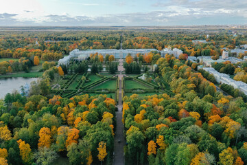Aerial view of the Catherine Park with a large pond in Tsarskoe Selo. The city of Pushkin....