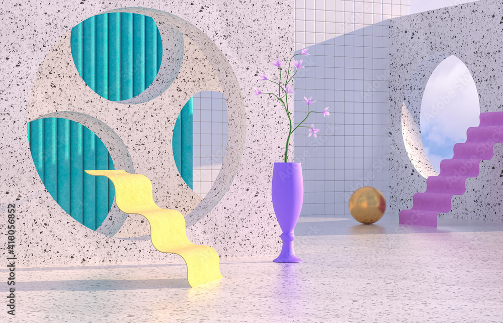 Poster beauty fashion podium backdrop with geometric shape and spring flower. terrazzo texture. 3d renderin