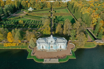 Aerial view of the Catherine Park with a large pond in Tsarskoe Selo. Pushkin. Catherine Palace....