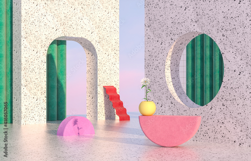 Poster beauty fashion podium backdrop with geometric shape and spring flower. terrazzo texture. 3d renderin