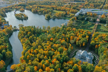 Aerial view of the Catherine Park with a large pond in Tsarskoe Selo. Pushkin. Catherine Palace....