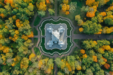 Aerial view of the Catherine Park with a large pond in Tsarskoe Selo. Pushkin. Catherine Palace....
