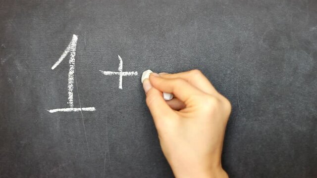 Hand writing on chalkboard mathematical example - one plus one exactly two