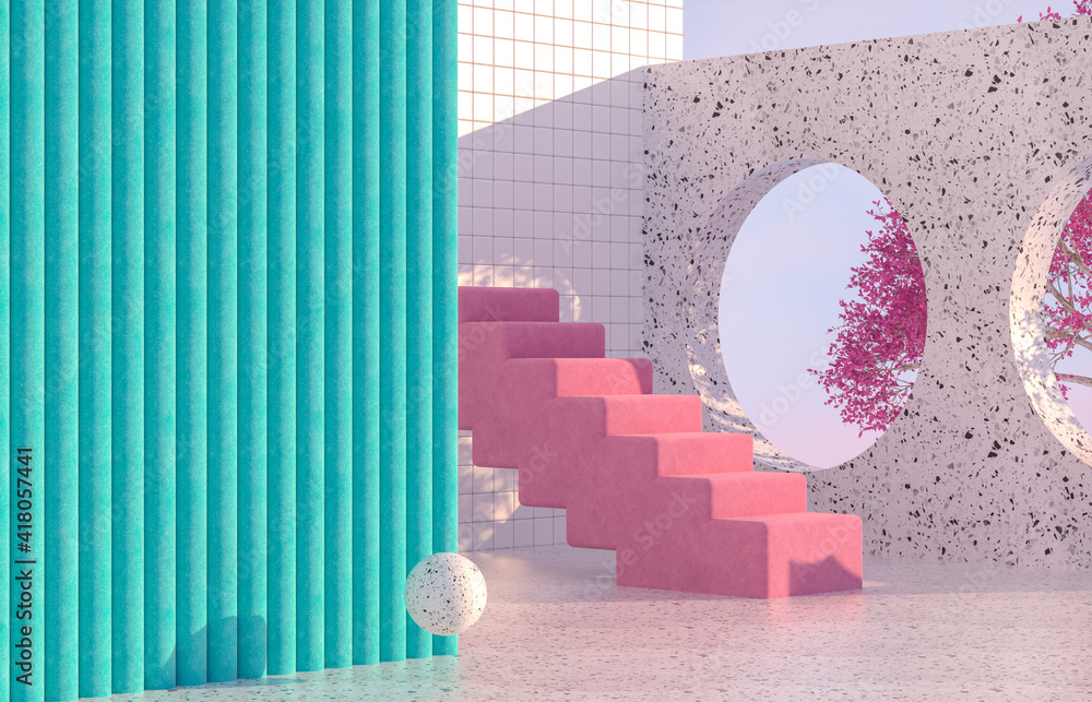 Poster beauty fashion podium backdrop with geometric shape and spring flower. terrazzo texture. 3d renderin