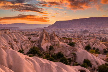 Rocky landscape in Cappadocia at sunset, Turkey. Travel in Cappadocia