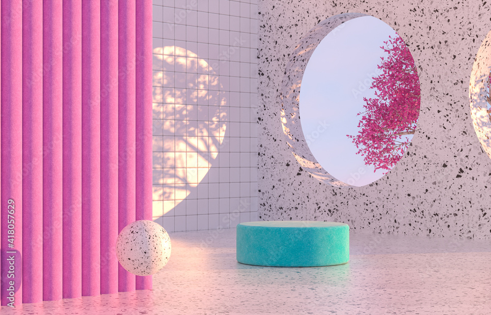Poster beauty fashion podium backdrop with geometric shape and spring flower. terrazzo texture. 3d renderin
