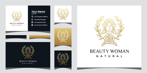 natural beautiful woman logo with beautiful face line art style and business card design. design concept for beauty salons, cosmetics, spas.