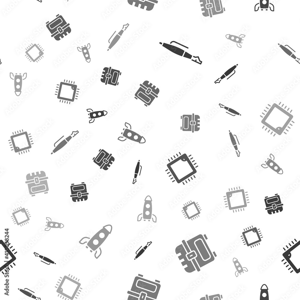 Poster set fountain pen nib, antique treasure chest, processor with cpu and rocket ship on seamless pattern