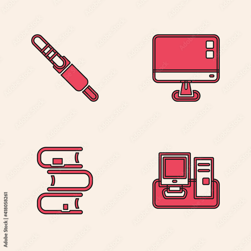 Poster set monitor with keyboard, audio jack, computer monitor screen and book icon. vector.