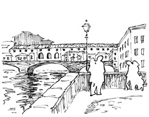 Florence. Ink hand drawing city sketch of the Ponte Vecchio bridge. White silhouettes of people. Can be used postcards, traveling, prints, textile, design.