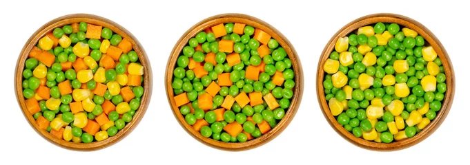 Foto op Plexiglas Verse groenten Mixed vegetables in wooden bowls. Three mixes of green peas, corn and carrot cubes. Mix of peas, carrots cut in cubes and vegetable maize, also called sugar or pole corn. Close up, macro, food photo.