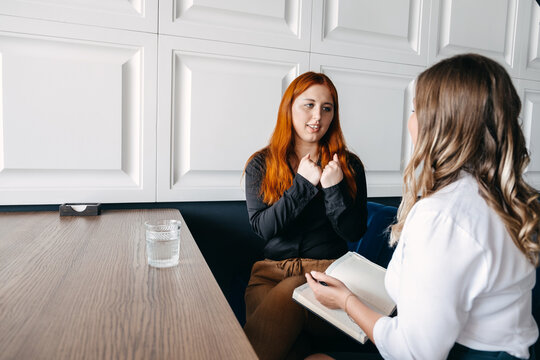 Mental Health Concept. Communication Session Of Woman Psychologist And Client. Psychotherapy Or Talk Therapy As Help People With Variety Of Mental Illnesses And Emotional Difficulties