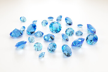 A scattering of aquamarines of various sizes on a white background. Exhibition of precious stones. 3d rendering.