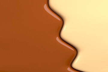 Creative background of colliding liquid white and milk chocolate. 3d illustration.