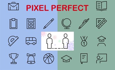 A simple set of school items. Contains icons such as student, award, geography, physical education, geometry and more. On white background. Editable stroke. 480x480