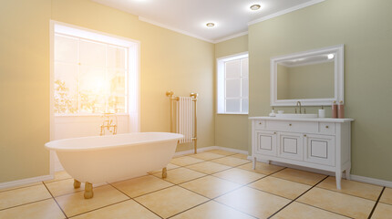 Bright new bathroom interior. 3D rendering.