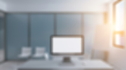 Unfocused, Blur phototography.  Modern office building interior. 3D rendering.. Sunset.