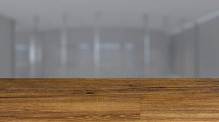 Background with empty wooden table. Flooring. Furniture set with table, chairs and devices. 3D rendering.