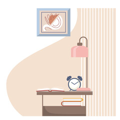 Vector bedroom interior elements. Cozy bedside table with a lamp, books and alarm clock.