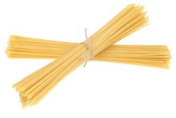 Bunch of pasta isolated on white background. spaghetti tied with rope