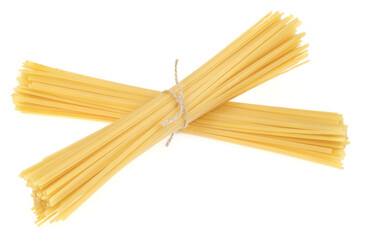 Bunch of pasta isolated on white background. spaghetti tied with rope