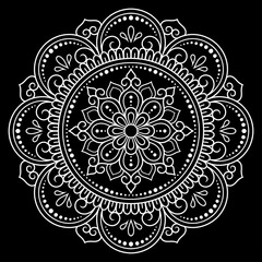 Circular pattern in form of mandala with flower for Henna, Mehndi, tattoo, decoration. Decorative ornament in ethnic oriental style. Outline doodle hand draw vector illustration.