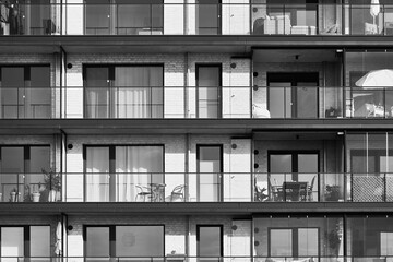 Monotonous balconies and terraces with tables and chairs in a big boring apartment building with big windows, black and white