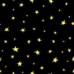 Seamless abstract pattern with little shabby sharp yellow stars on black background.