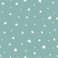 Seamless abstract pattern with white hand drawn stars of different rotation and size. Light green blue