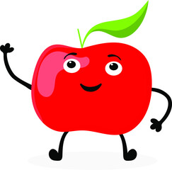 An apple with a smile, legs and handles are drawn in a vector comic style. Cheerful childish man symbolizes vegetarian food, gardener icon.