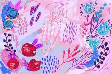 Creative artistic floral background with flowers, leaves and hand painted textures. Modern romantic graphic design for banner, poster, postcard, cover, invitation, placard, brochure or a web header.
