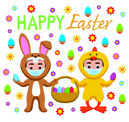 Cute cartoon style illustration of children in Easter costumes wearing face masks