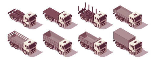 Isometric truck set. Set of different body types trucks. Vector illustration © Paul Kovaloff
