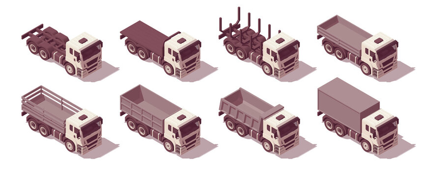 Isometric truck set. Set of different body types trucks. Vector illustration