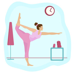 Body positive. A lady is doing yoga at home. Online home workout concept. Attractive overweight woman.