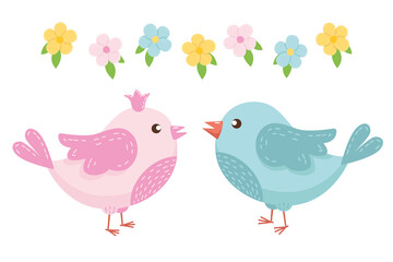 Spring set of birds and flowers. Flat cartoon elements. Illustration for the spring and Easter theme. Vector illustration.