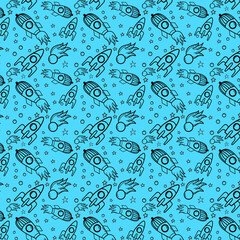 Vector illustration of spaceships and rockets. An idea for interior decoration, for drawing, for coloring books, for children's creativity.