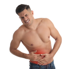 Man suffering from liver pain on white background