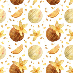 Seamless pattern - watercolor Ice Cream Balls with orange and with physalis on a white background. Product clipart. Premium dessert food, hand drawn illustration.