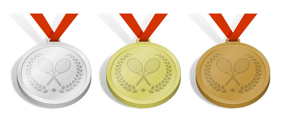 set of sport tennis medals with emblem of crossed sports tennis rockets and ball for tennis with laurel wreath. Gold, silver and bronze award with red ribbon. 3d vector