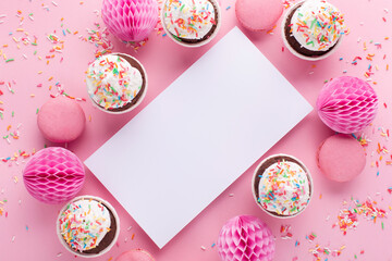Empty white blank, gift box, paper decorations and cupcakes on pink sprinkles background.